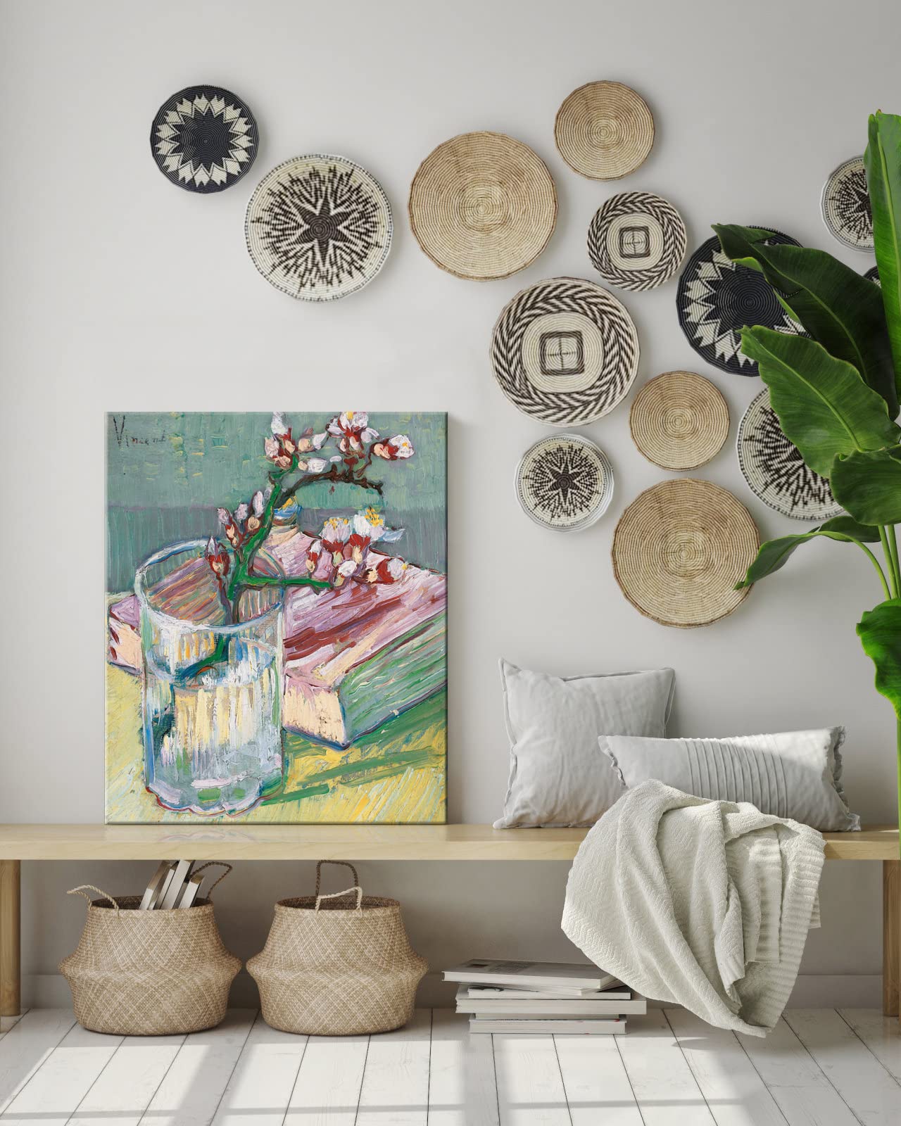 Wieco Art Canvas Wall Art Blossoming Almond Branch in a Glass with a Book by Vincent Van Gogh Large Canvas Prints for Living Room Decoration Post-impressionism Pictures Artwork
