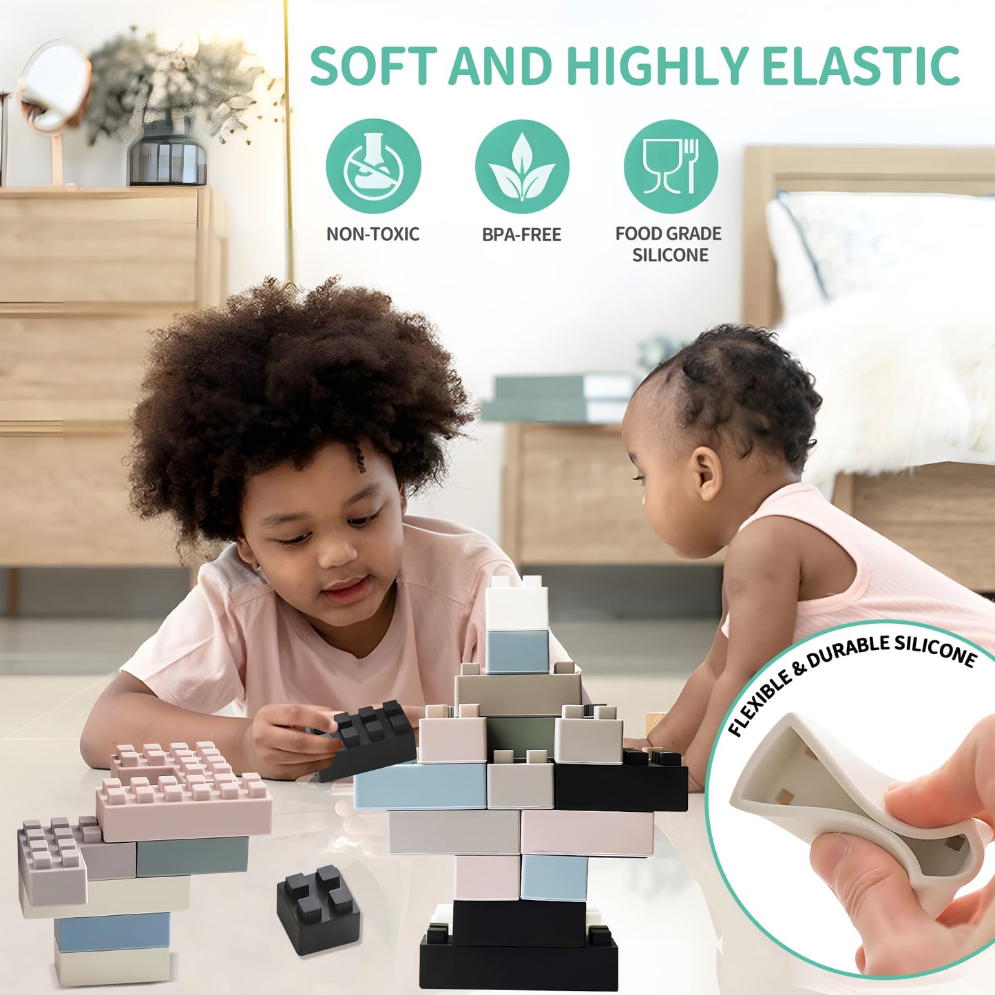 Silicone Blocks 24PCS + Sensory Balls for Toddlers 1-3, Soft Montessori Baby Blocks, Large Sensory Stacking Toys for Preschool Learning, Baby Rattle Ball Teething Set, Infant Sensory Toys 6-12 Months