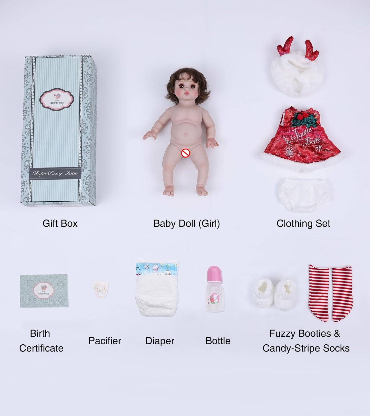 Cloveray Baby Dolls, 18 Inch Realistic Reborn Full Vinyl Baby Doll with Brown Curly Hair, Hand-Painted Freckles & Cozy Red Outfit for Girls Ages 3+, Pretend Play, Display & Collection