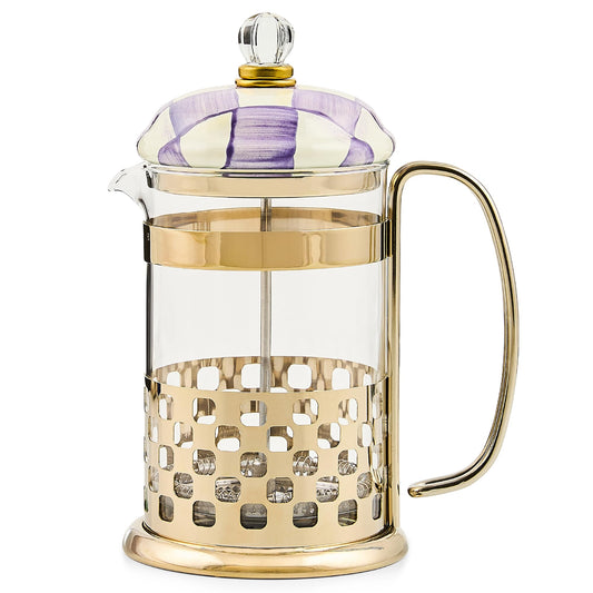 MACKENZIE-CHILDS Coffee French Press, Glass French-Press Coffee Maker, 32-Ounce Capacity, Purple-and-White Violet Check