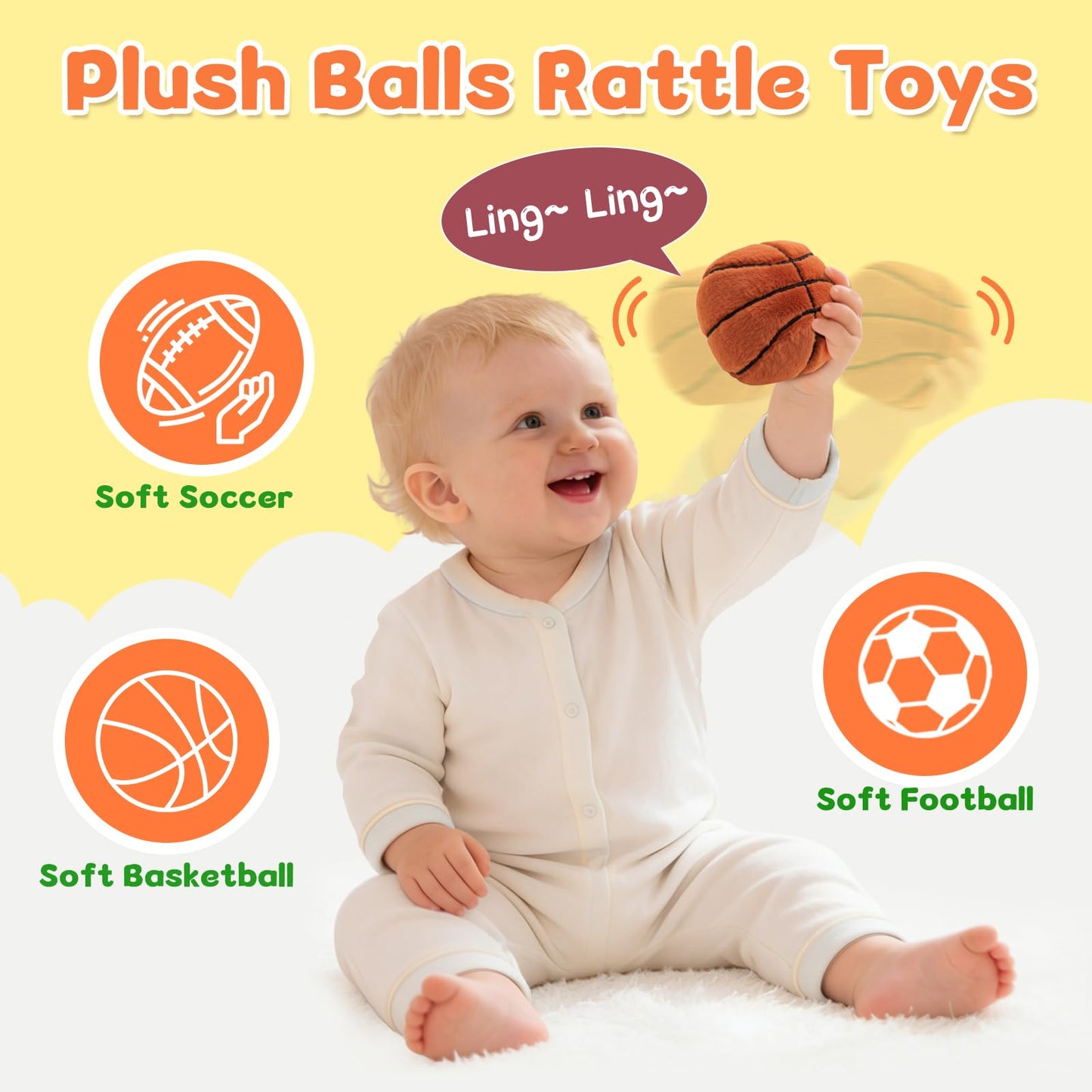 Baby Ball Toys 0-6 Months, Newborn Plush Rattle 3pcs Football Basketball Soccer Sports Set-Sensory Toys with Rattles for 0 3 6 9 12 Months Infant Boys Girls Birthday or Shower Gifts