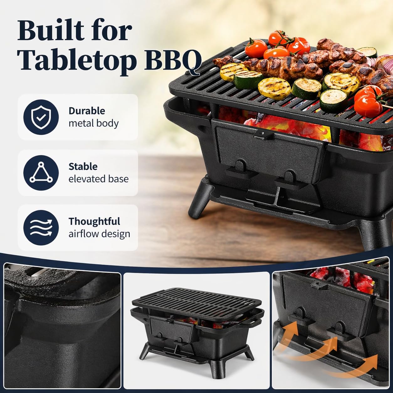 Hibachi Grill Outdoor, Portable Mini Charcoal Grill, Pre-Seasoned Cast Iron, Small Japanese Yakitori Tabletop Skillet Grill Stove for Outdoor Camping