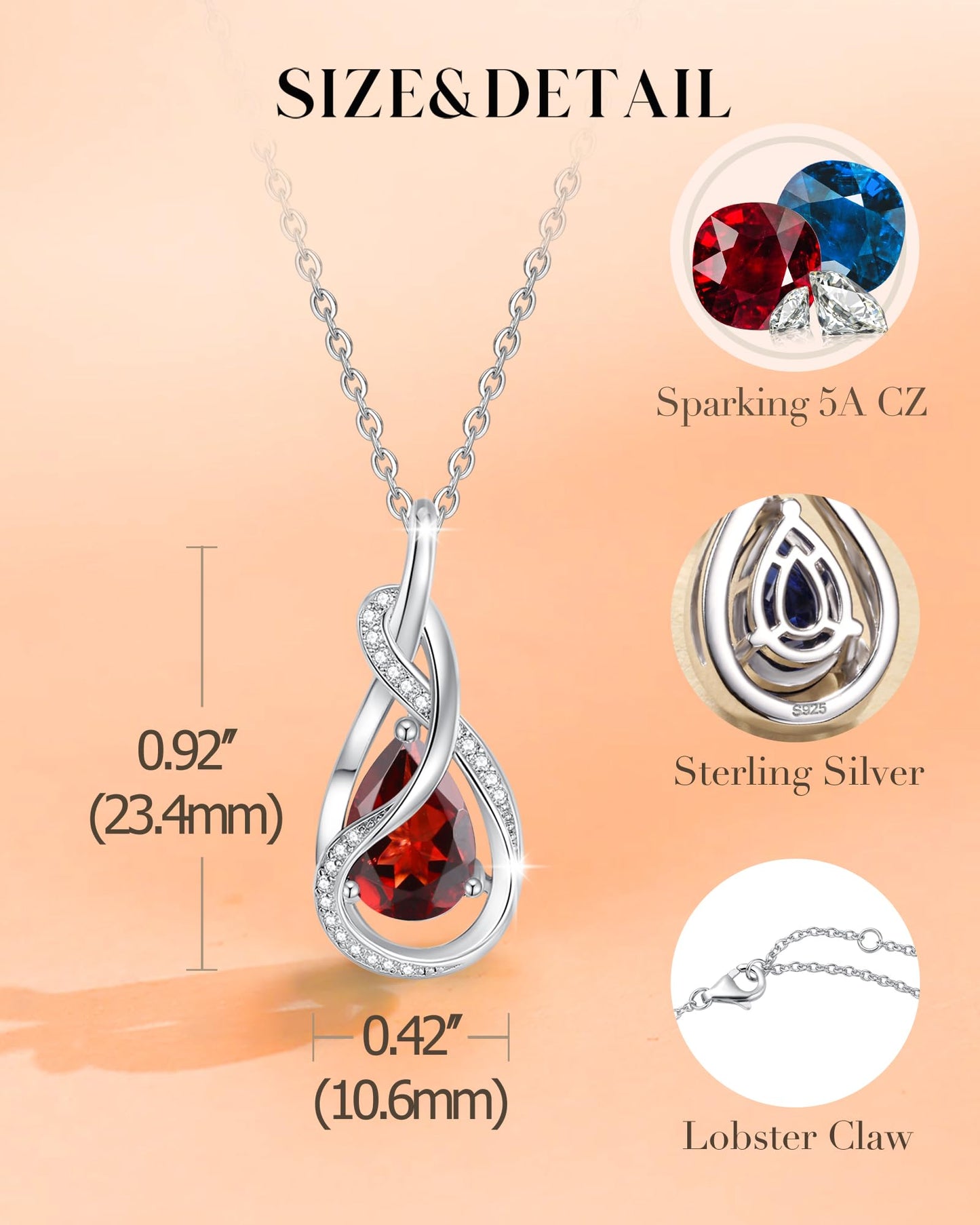 FANCIME Garnet Necklace January Birthstone Sterling Silver Infinity Knot Pendant Necklace Red Gemstone Fine Jewelry Birthday Mothers Day Gifts for Women Mom