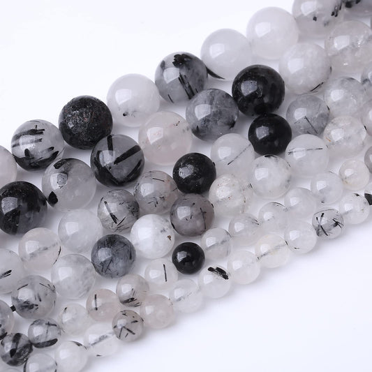 36PCS 10MM Natural Black Rutilated Quartz Stone Beads Energy Healing Beads for DIY Jewelry Bracelet Necklace Making for Jewelry Making15Inch