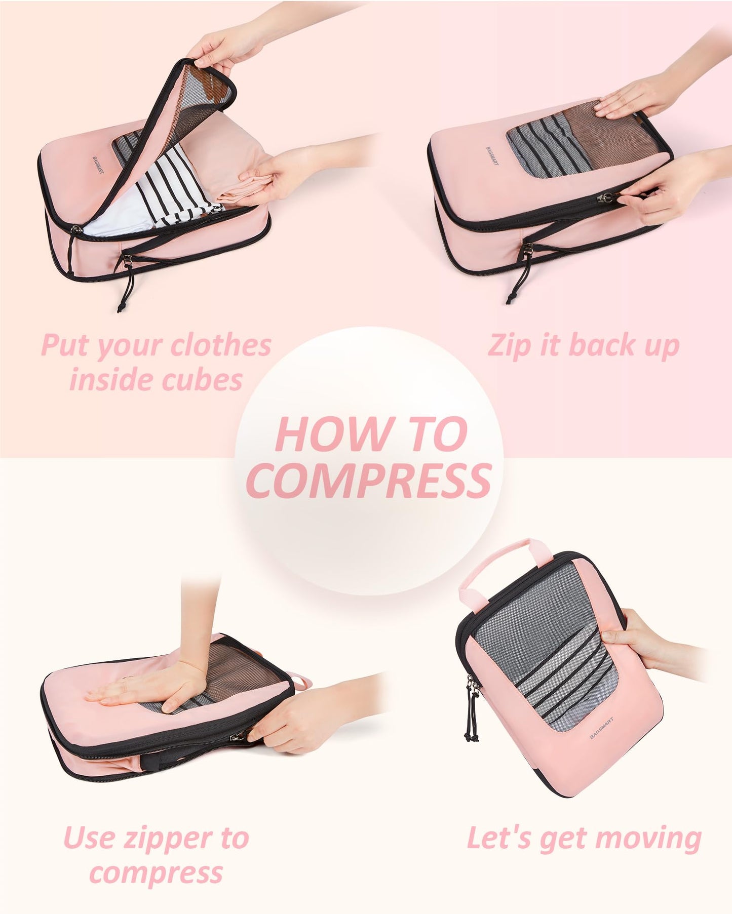 BAGSMART Compression Packing Cubes for Travel, 6/5/4set Lightweight Packing Organizers, Summer Travel Essentials Suitcase Organizer Bags Set, Compressible 4 Set/Beige