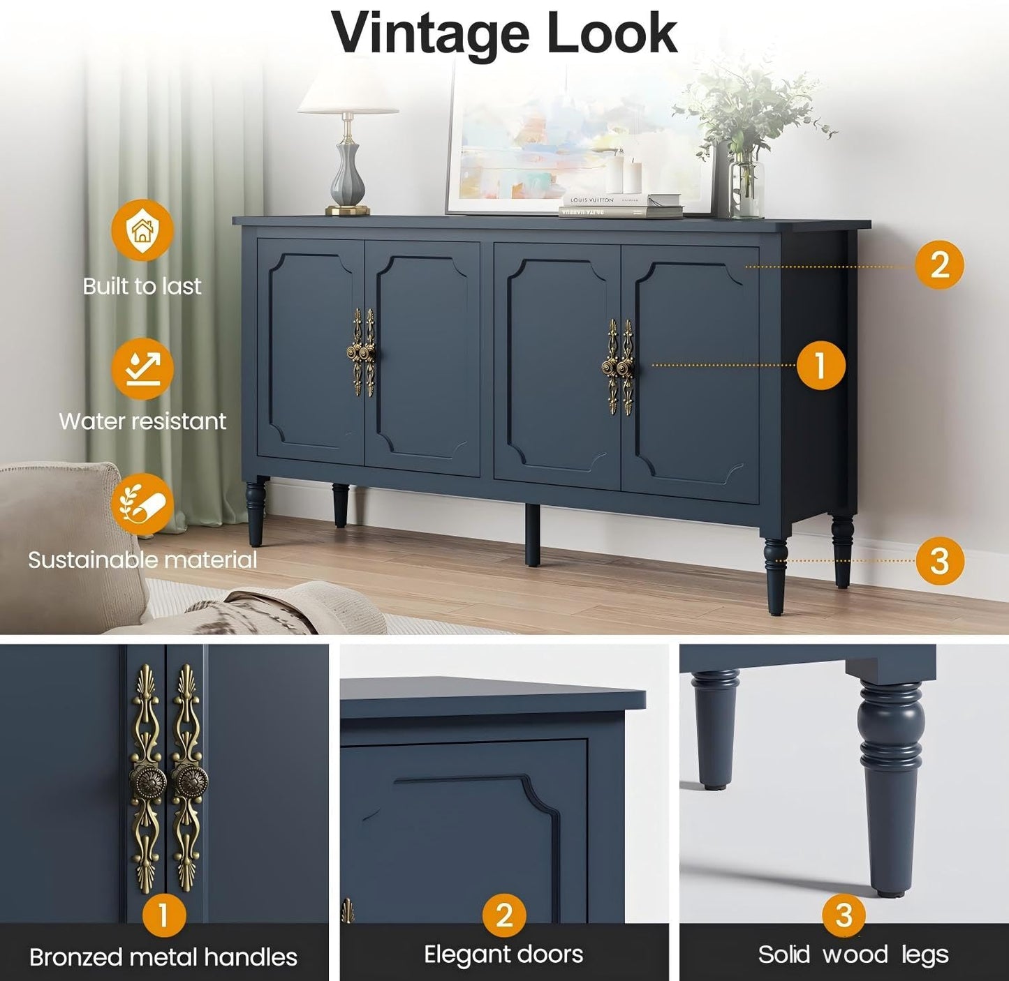 RoyalCraft 59" Buffet Cabinet with Storage, Vintage Sideboard with Adjustable Shelves & Carved Handle, Mid Century Modern Painted Credenza Coffee Bar for Kitchen, Dining Room, Navy Blue