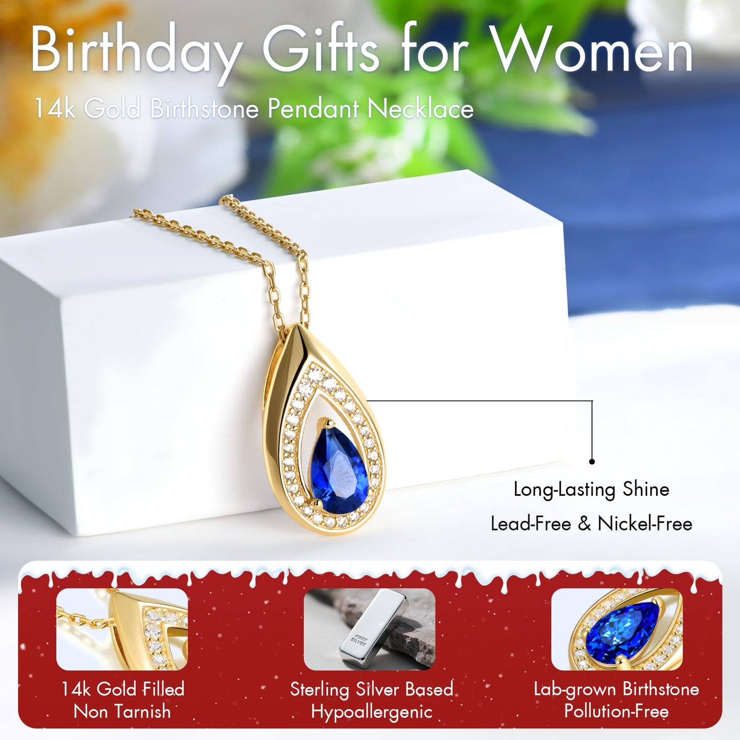 Kstyle 14k Gold Sapphire September Birthstone Pendant Necklaces for Women Valentine's Day Birthday Gift Anniversary Jewelry for Wife Daughter Grandma Mom Sister Non Tarnish