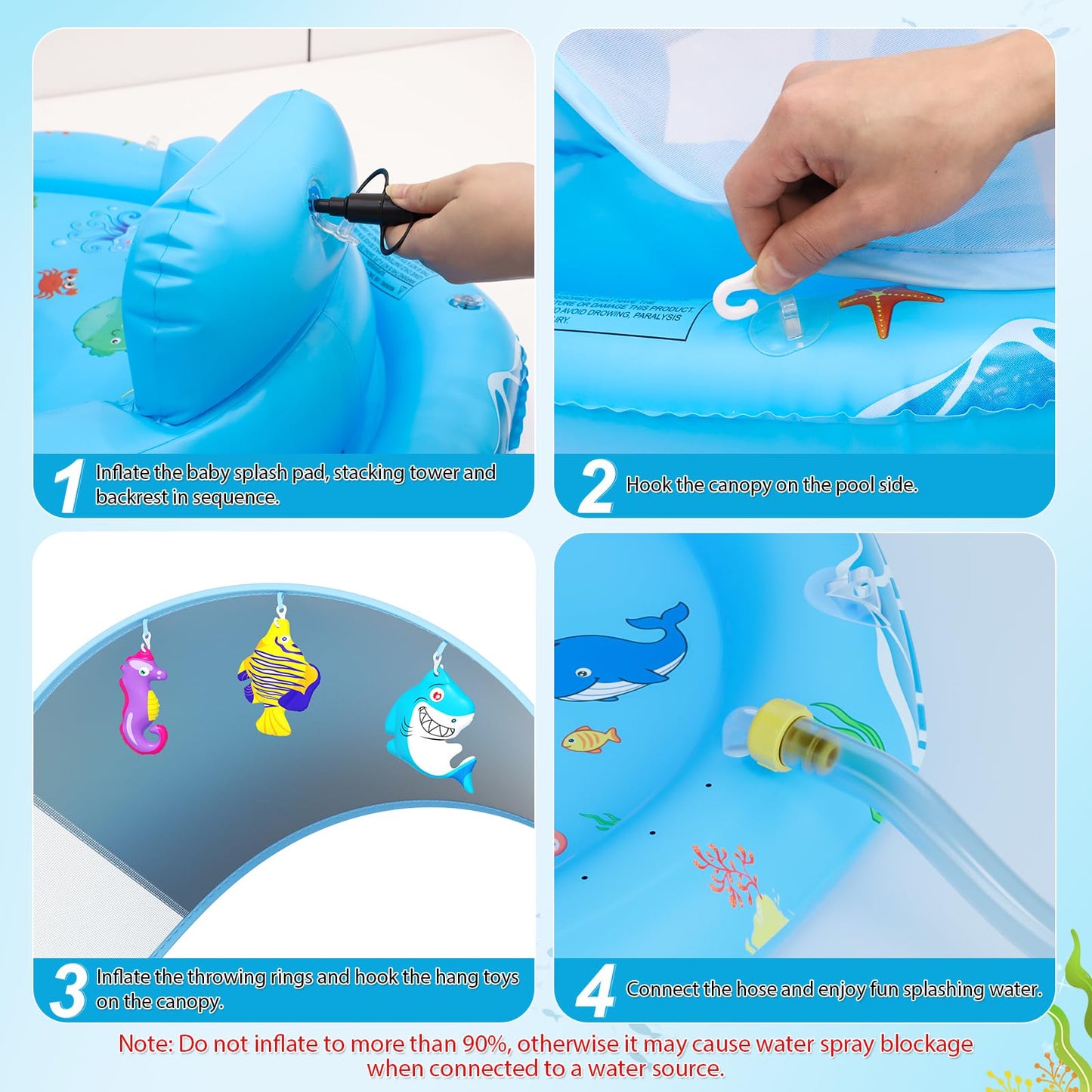 Verdenu Baby Splash Pad with Canopy, Baby Play Mat with Sprinkler, Toddler Splash Sprinkler Pad with Backrest & Stackable Rings, Summer Outdoor Water Play Toys for Boys Girls