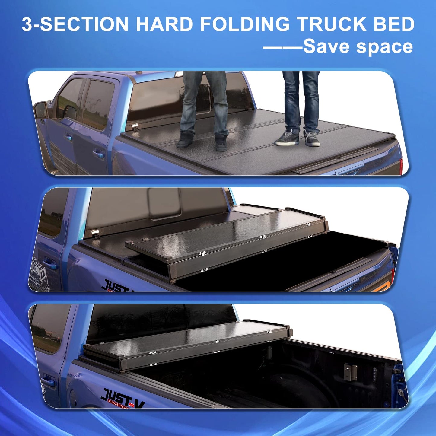 Just-V Hard Tri-Fold Truck Bed Tonneau Cover for Toyota Tacoma 2016-2023 Only Fit Cab CrewMax Cab 5FT Bed, Upgrade Solid FRP Textured Black, Requires Bracket
