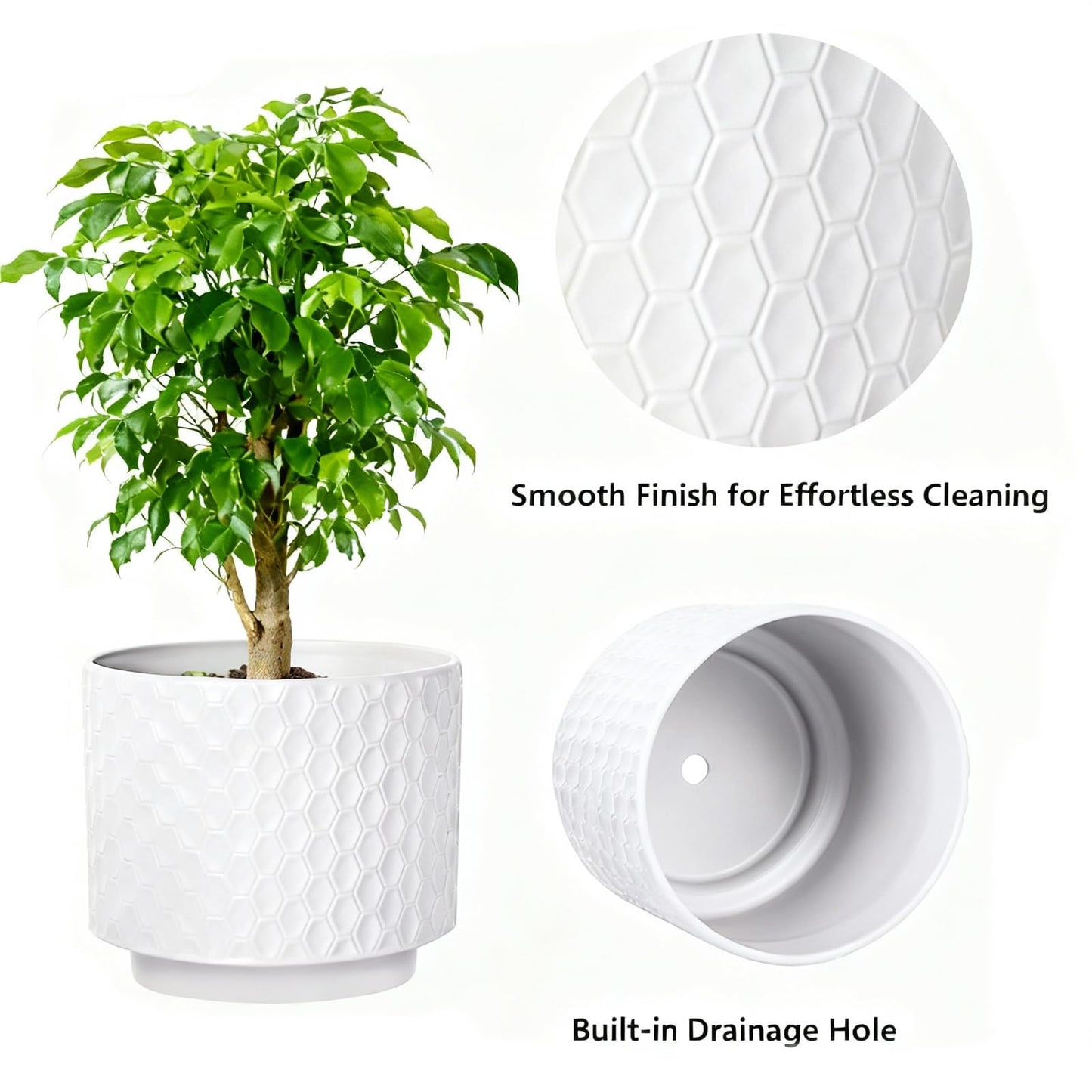 Kiolnoy 6 Inch Ceramic Pots for Indoor Plants with Drainage Hole & Floral Design, Planter for Home Decor on Windowsill, Tabletop, Office (White)
