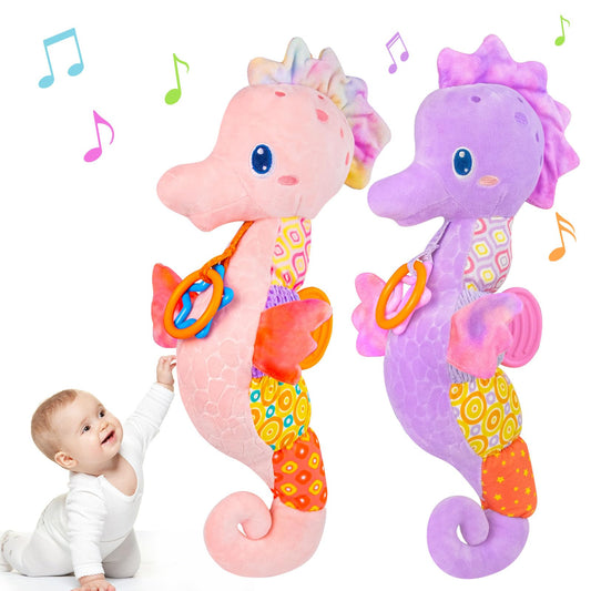 Baby Toys 0-6 Months, Infant Musical Seahorse Stuffed Animals Sensory Toys with Bright Colors,Multiple Textures,Rattles & Crinkle Sound Paper,Soft Tummy Time Toy for Newborn Boys Girls 0-12 Months