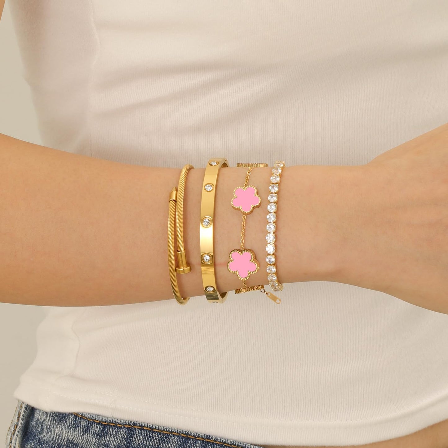 Gold Bracelets for Women, 18K Gold Plated Women Tennis Bracelets Clover Nail Love Bangle Bracelet Set, Gold Bracelet Stackable Set Trendy Jewelry, Gifts for Women's Day and Mother's Day (02-Color-pink)