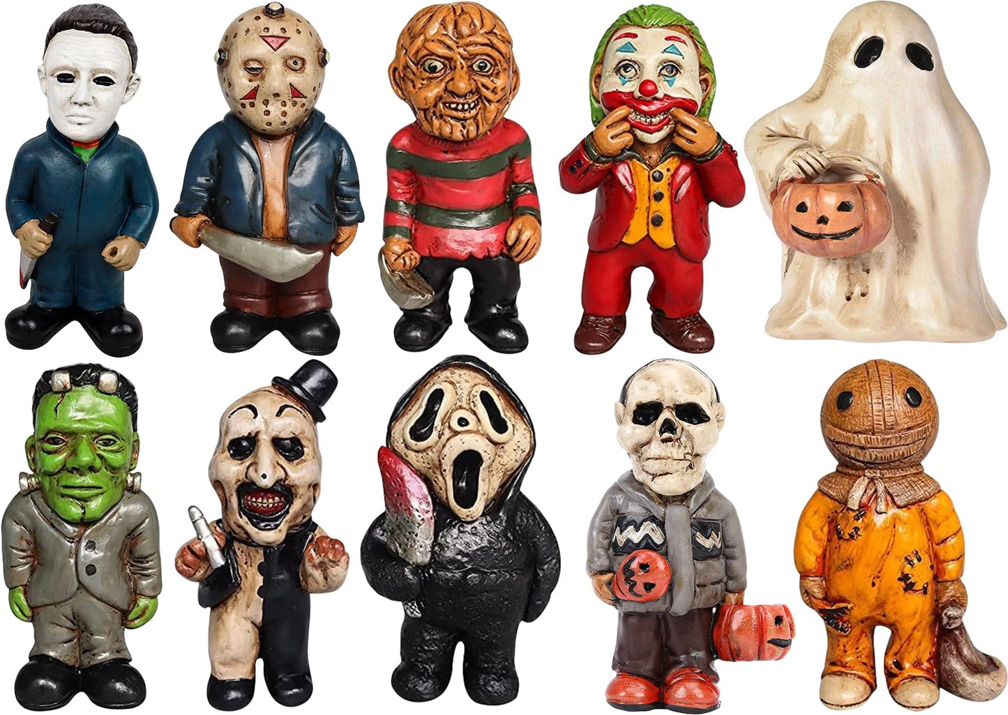 Horror Movie Garden Statue, 10pcs Horror Movie Garden Gnomes Killer Set, Nightmare on Elm Street Murderers Michael Myers Freddy Jason Halloween Zombie Gnome Resin Figurines for Halloween Decor