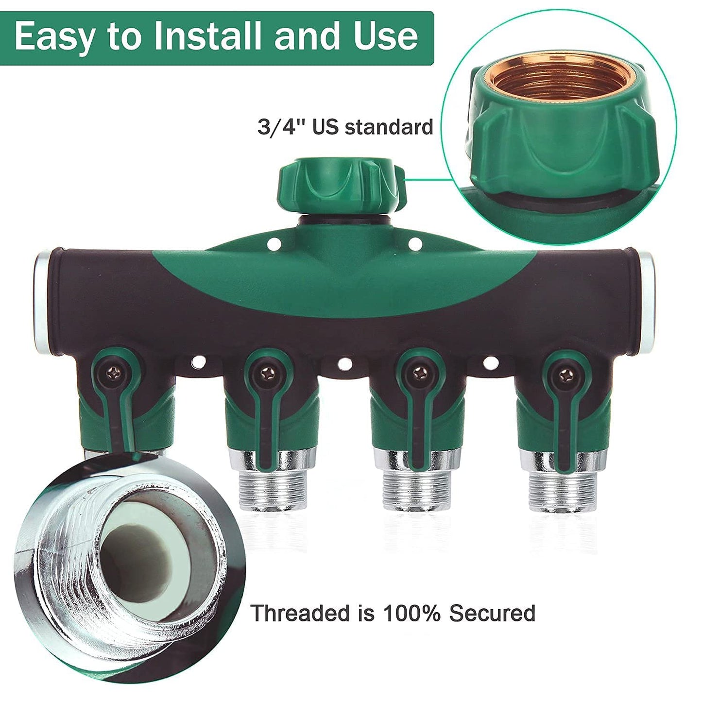 Garden Hose Splitter 4 Way - 3/4 Inch Heavy Duty Metal Water Faucet Splitter with Shut Off Valves 4 Way Leakproof Hose Connectors with Comfortable Rubberized Grip for Gardening Hoses 5 Washers