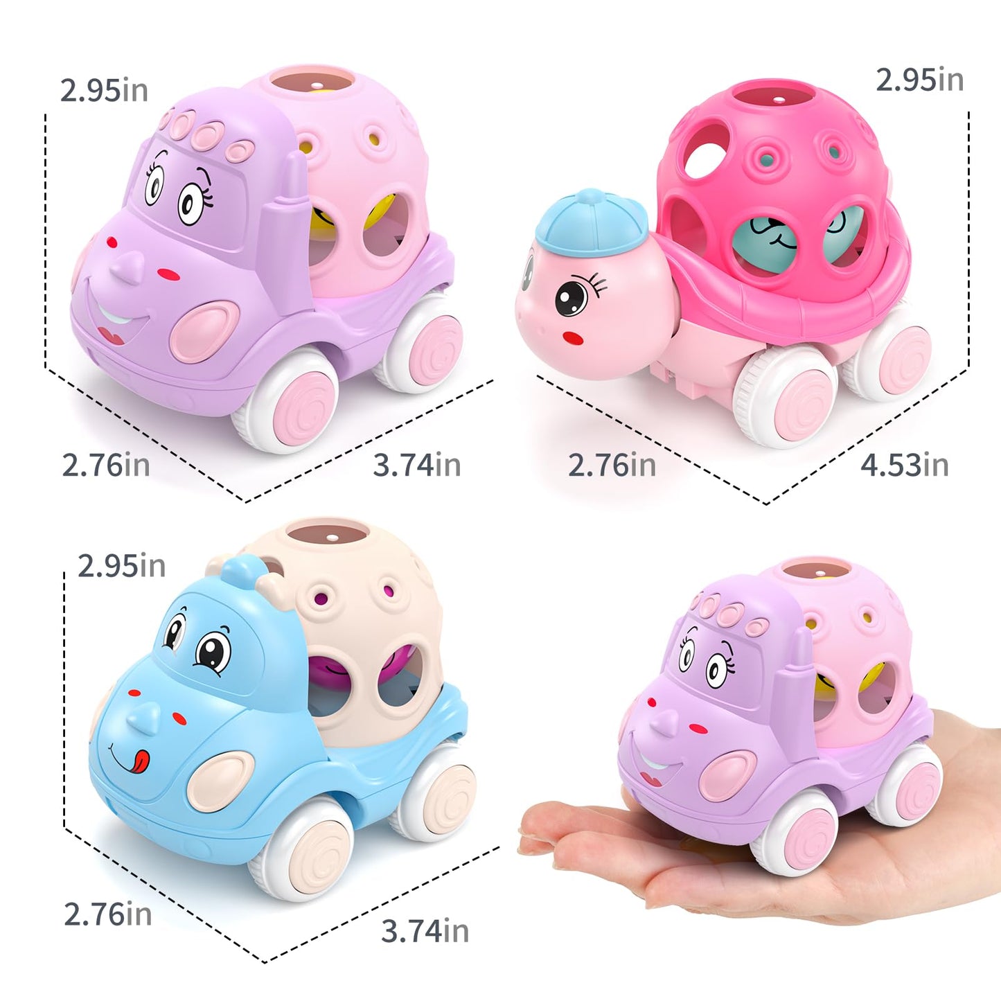 BeAndge Baby Girl Toys Gifts for 1 2 Year Old Girls, Pink Cars for Babies 6-12 12-18 Months, Push and Go Trucks for Toddlers, Soft Rattle Toys for One 1+ Infants First Birthday Easter Gifts