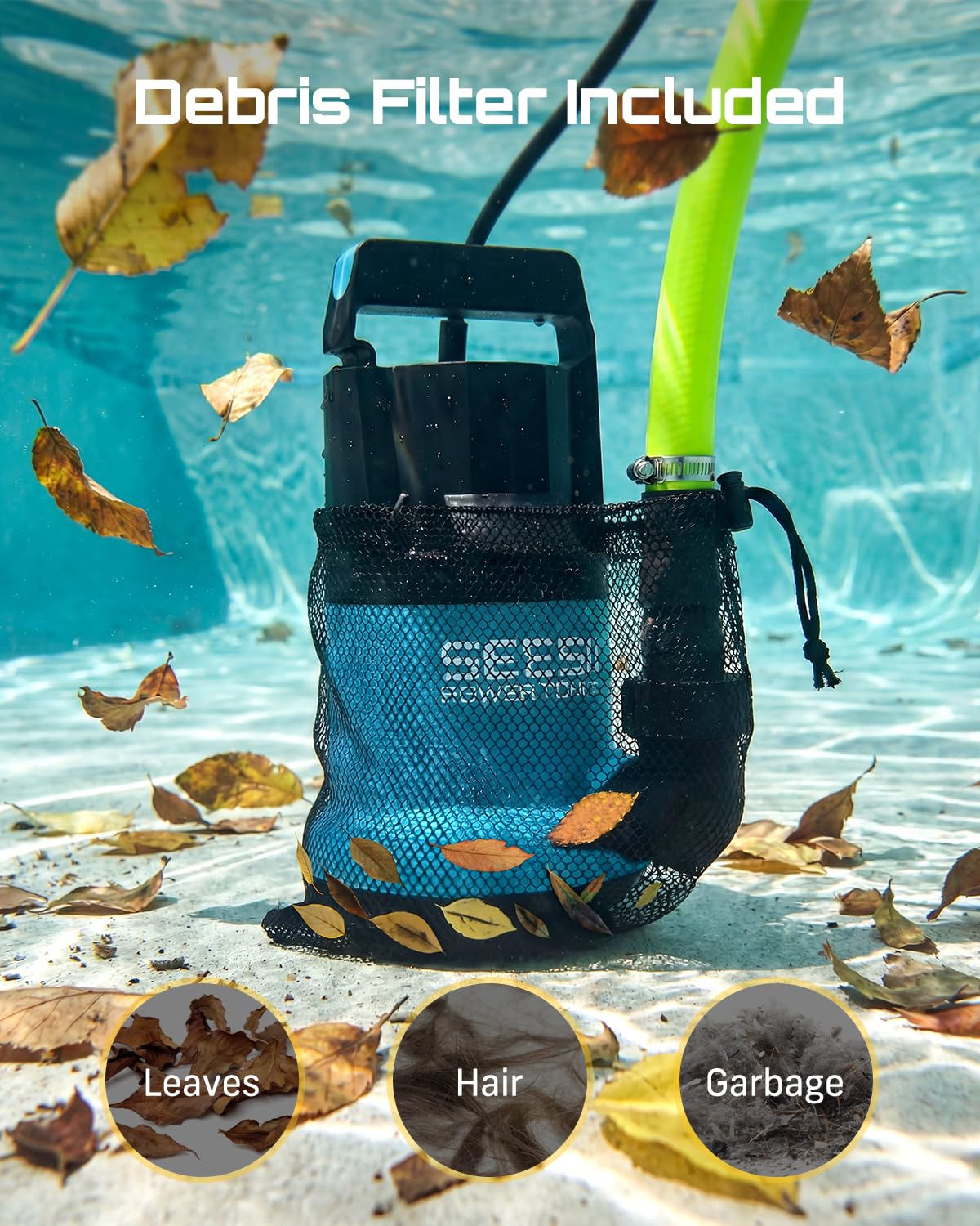 SEESII 1HP Submersible Water Pump, 4755GPH High Flow Sump Pump with 23ft Hose Kit, Anti-Clogging Filter Net for Swimming Pool Hot Tub Pond Basement Rooftop Garden Water Removal