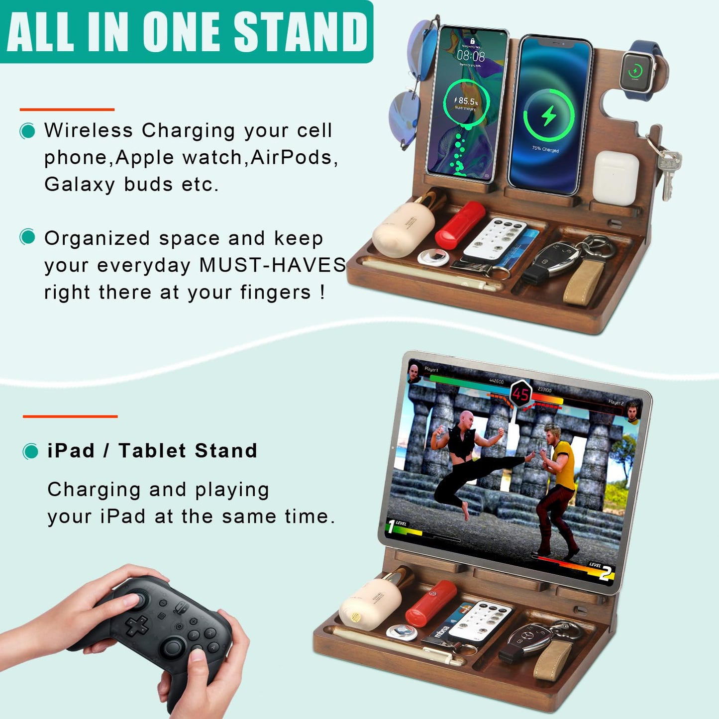 Xunhomon Wireless Charging Station,Wood Phone Docking Station for Men,Nightstand Organizer Charging Station with 4 Wireless Charger Fast Charging for iPhone/Samsung/Apple Watch/Earbuds,Gifts for Men