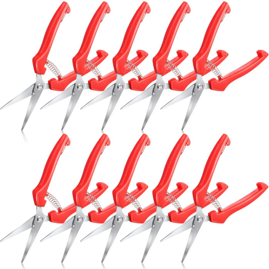 Lasnten 10 Pcs Pruning Scissors Bulk 7.2 Inch, Bud Trimming Scissors with Stainless Steel Straight Blade & Spring Loaded Handle, Garden Snips for Precise Cutting Bonsai Flowers Plants Gardening (Red)