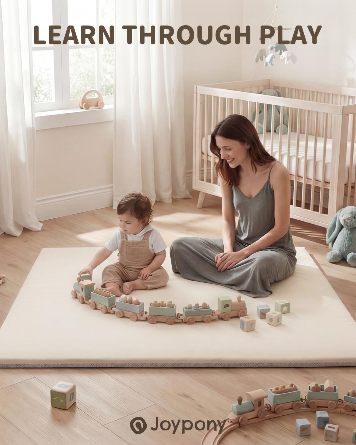 Joypony Baby Play Mat for Floor 50x50, 1.5” Thick Vegan Leather Crawling Mat with Removable Cover, Waterproof Playpen Mat for Infants and Toddlers, Wipe-Clean Kids Playmat, Cream
