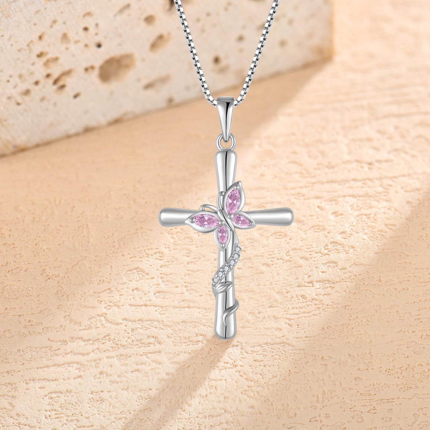 Blaniy Cross Necklace for Women 925 Sterling Silver Butterfly Necklace Pink Tourmaline Pendant Necklaces October Birthstone Jewelry Gifts for Women