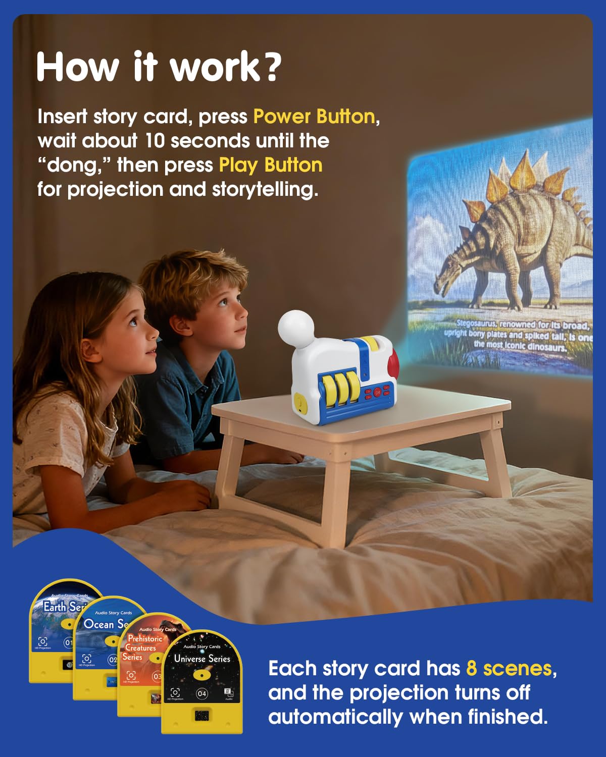 Humzo Story Projection Machine with 4 Story Cards, Built-in Audio Player, 9 Sleep Sounds & Gradient Night Light, Gift Toy for Toddlers and Kids (Boys & Girls) Age 3+, Battery or USB Powered