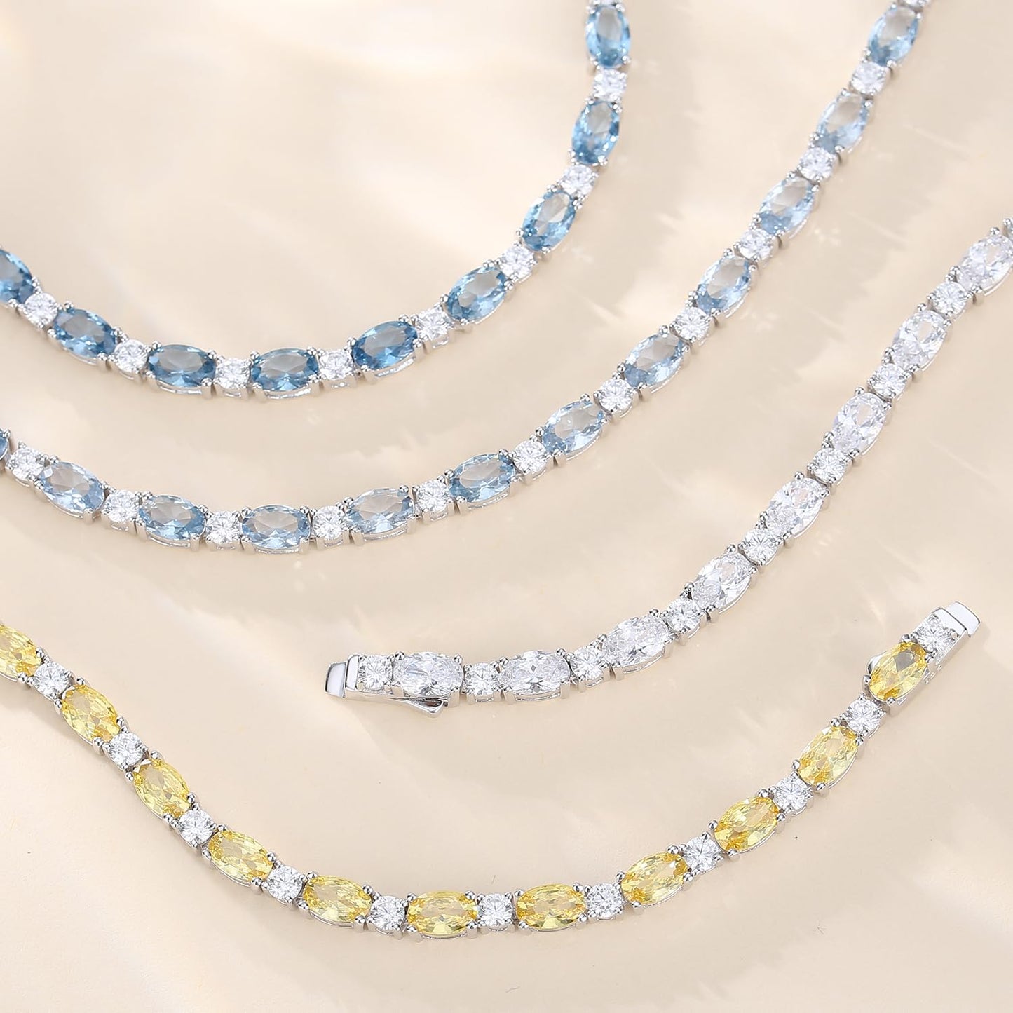 FANCIME Sterling Silver Created Aquamarine Tennis Bracelet March Birthstone Bracelet Oval CZ Dainty Charm Fine Jewelry for Women 7"