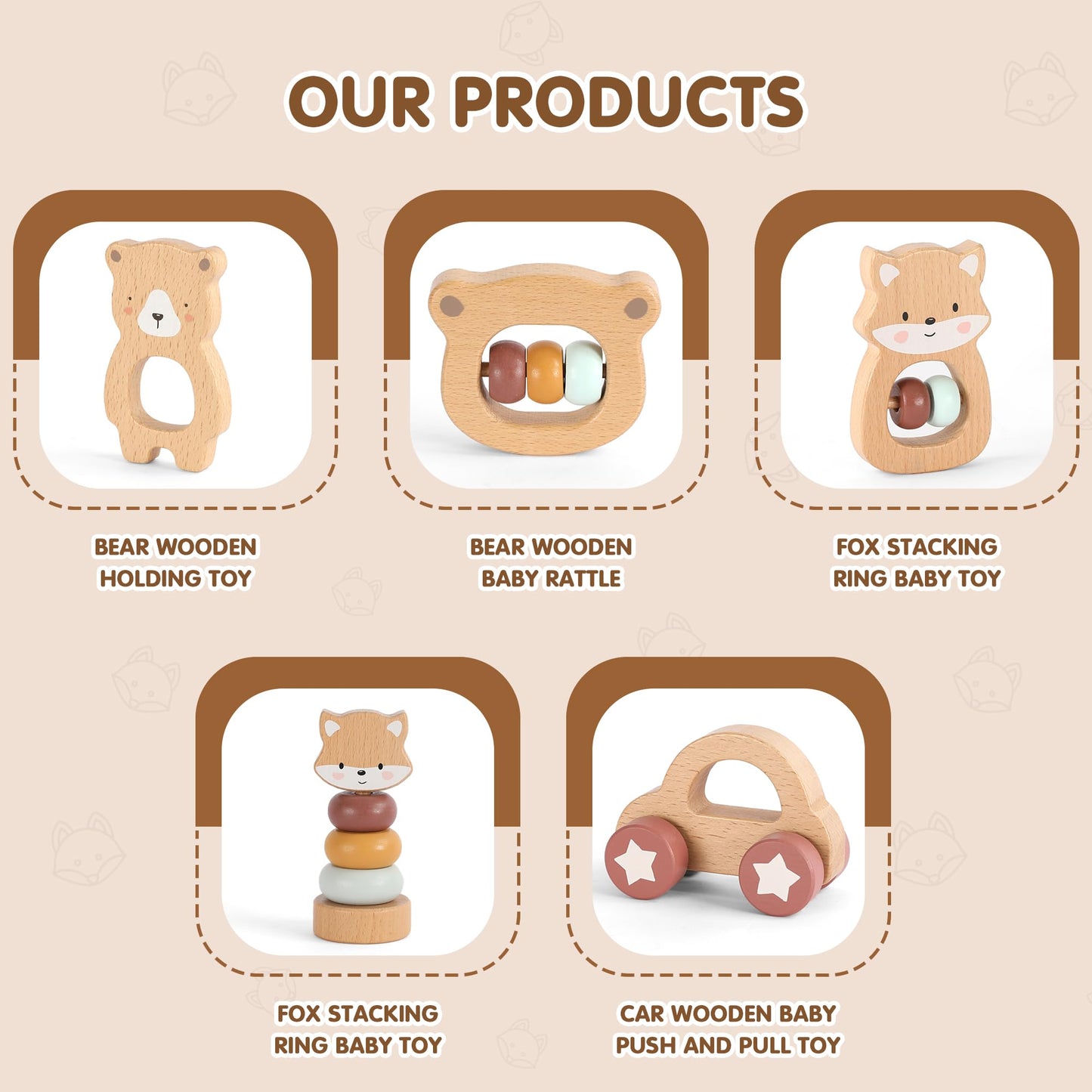 Freniland Wooden Montessori Toys, 5-Piece Wooden Baby Toys, Bear Baby Rattle, Fox Stacking Ring, Car Push and Pull Toys, Bear Grasping Toys,Newborn Baby Gift Sets for Boys and Girls