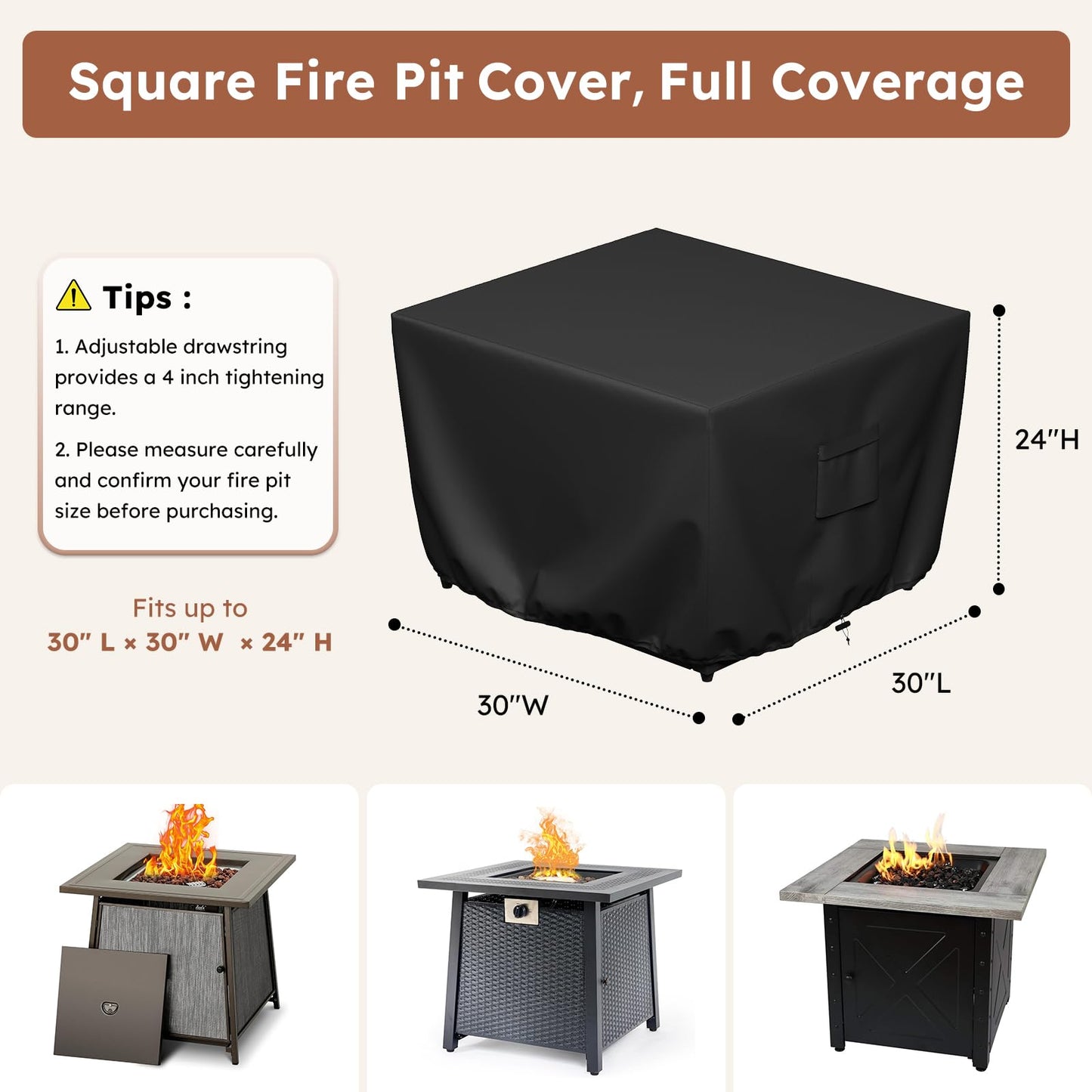 MR. COVER Square Fire Pit Cover 30 Inch, Heavy Duty 600D Waterproof Fire Pit Table Cover, Rip-Proof Fade Resistant Outdoor Firepit Cover with Drawstring & Air Vent, Fits