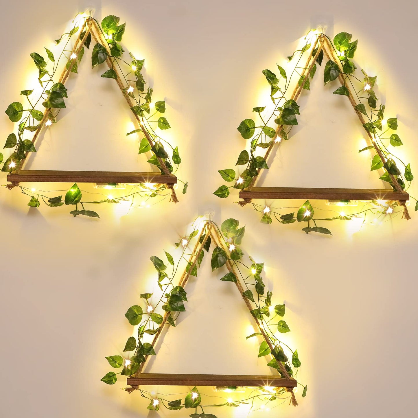 Amyhill 3 Set Artificial Ivy LED Floating Plant Shelves Wood Hanging Dorm Wall Decor Leaves and Light Strip Hanging Shelves for Bedroom Living Room Nature Wall Decoration