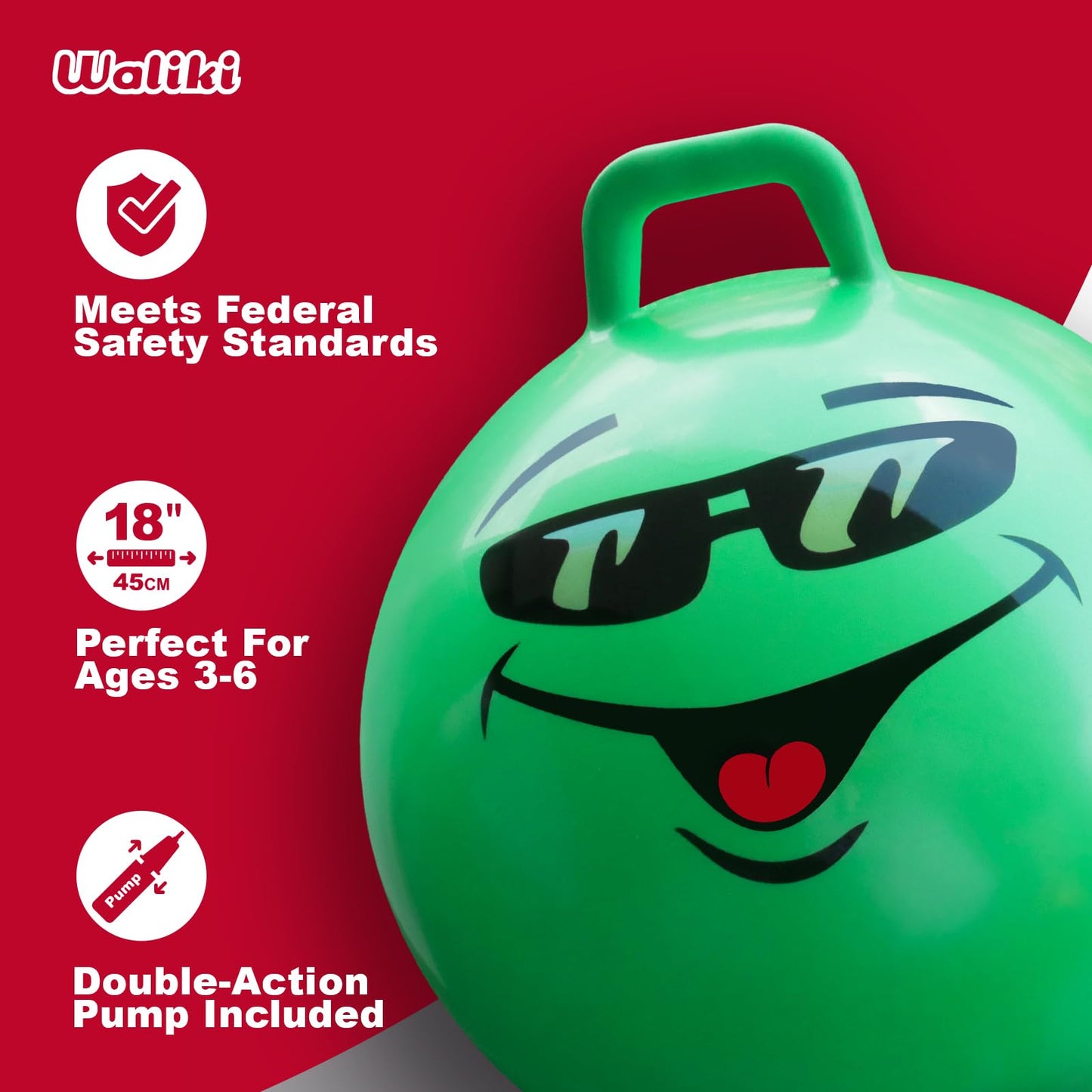 WALIKI Hop Ball Toy for Boys and Girls 3 4 5 and 6 Years Old | 18” Green Hopper Jumping Therapy Ball for Kids | Outdoor Toys for Kids Who Love Hopping