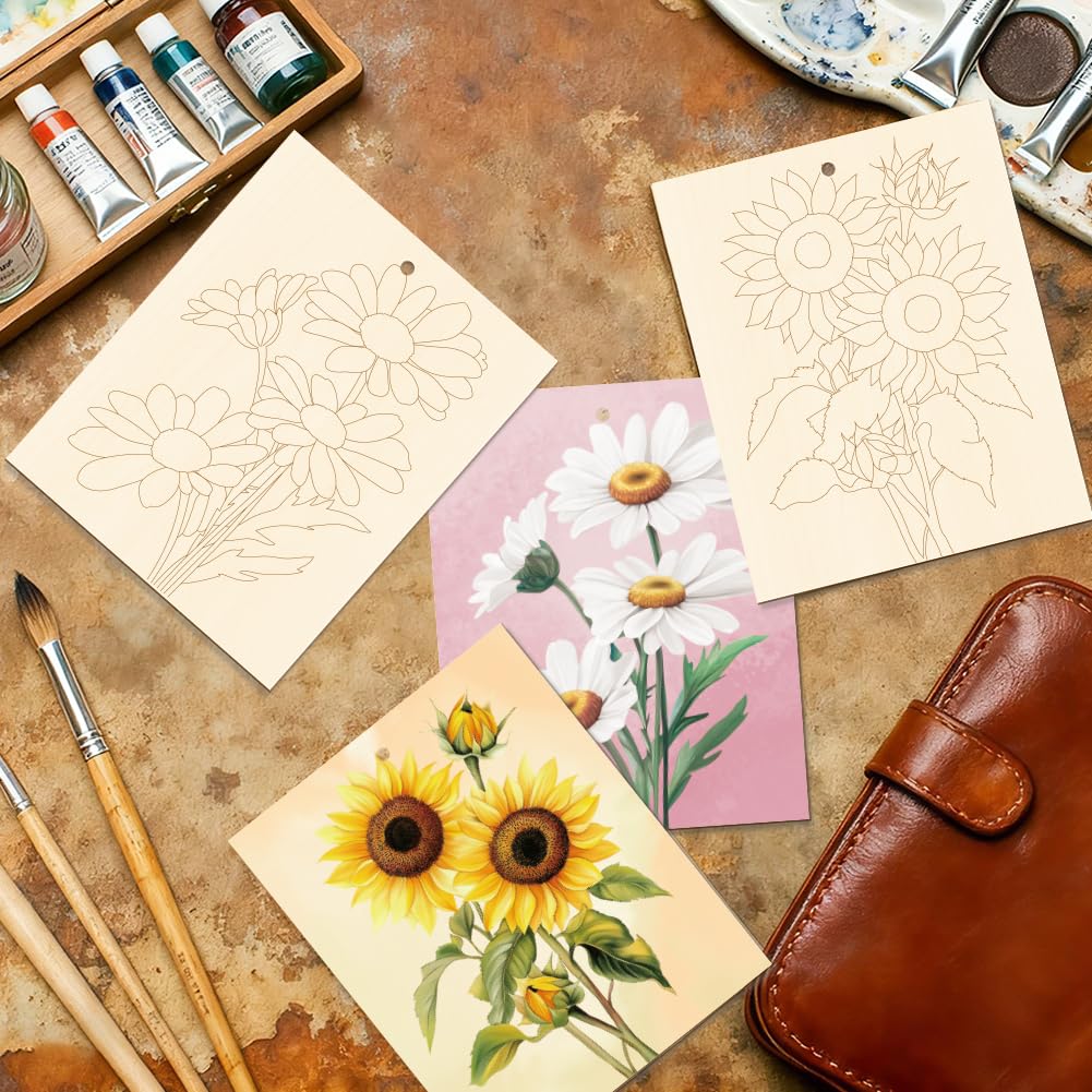 GLASSWINDS 15 Pcs Unfinished Wood Crafts to Paint for Adults, 5.9x4.7 Inch Flowers Paintable Wood Slices Craft Supplies with Ropes, Bulk Predrilled Wooden Ornaments for DIY Painting Craft Decor