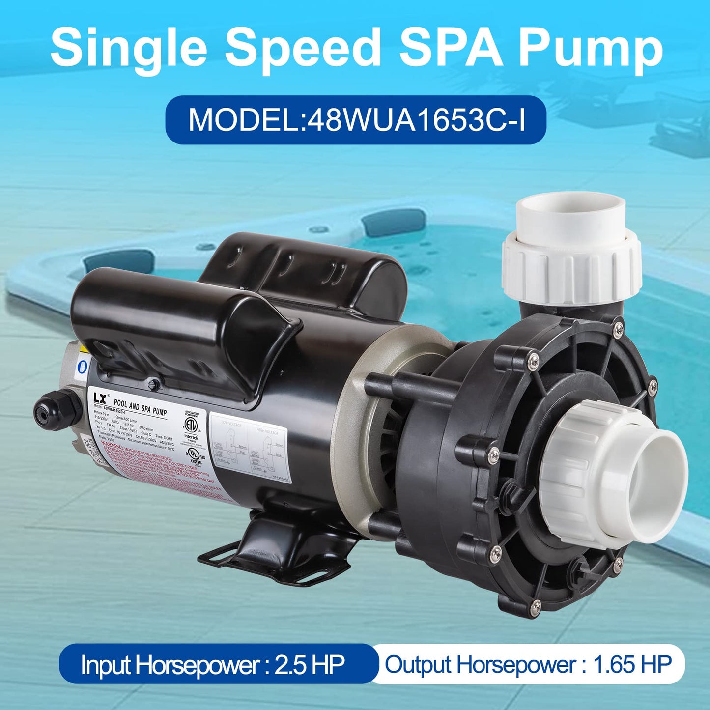 LINGXIAO Single Speed Hot Tub SPA Pumps - LX SPA Pump Motor 2.5HP, (115V or 230V)/60HZ, 2" Port, 48 Frame High Performance SPA Pump - (Model: 48WUA1653C-I)