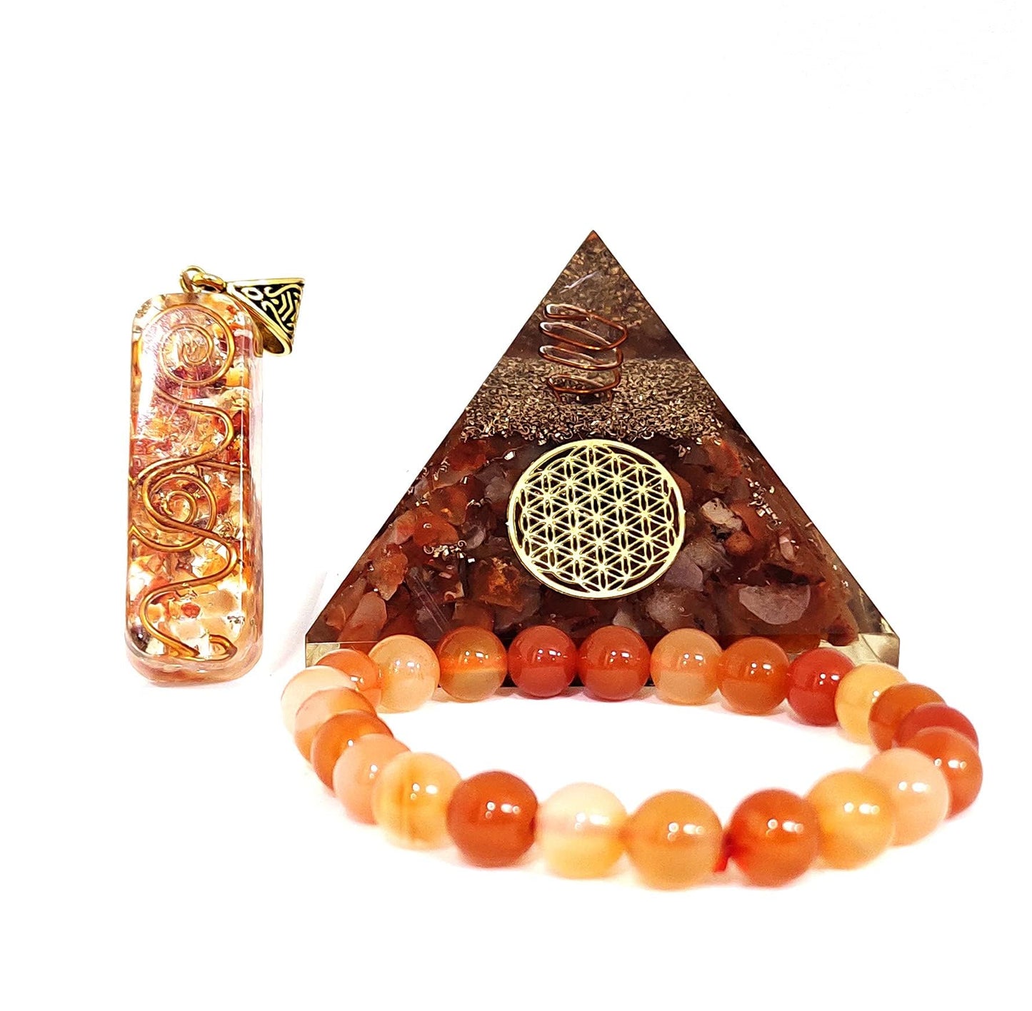 Sawcart Carnelian Crystal Orgone Pyramid with Flower of Life Symbol, Stone Bracelet & Orgone Pendant Necklace Kit for Aura Cleansing, Reiki Spiritual Healing, Energy Generator, Yoga Meditation