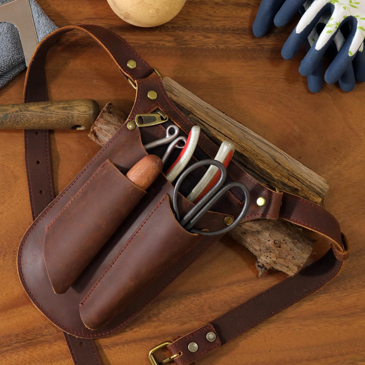 Tourbon Leather Gardening Belt Florist Tool Bag Gardener Holster Waist Pouch Electrician Carpenter Organizer Kit with 4 Pockets Up to 44"", Brown
