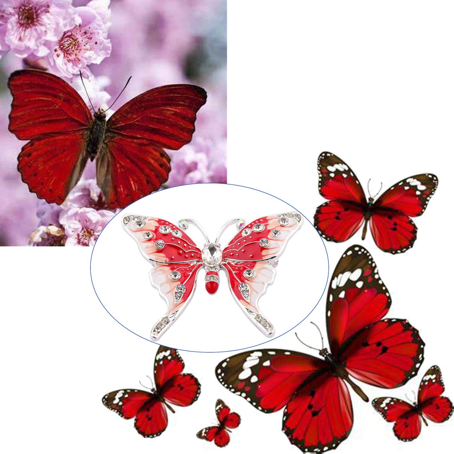 FEELMEM Crystal Rhinestone Butterfly Brooch Pin Blue Color Butterfly Brooches for For Women Wedding/Banquet/Birthday Party (red)