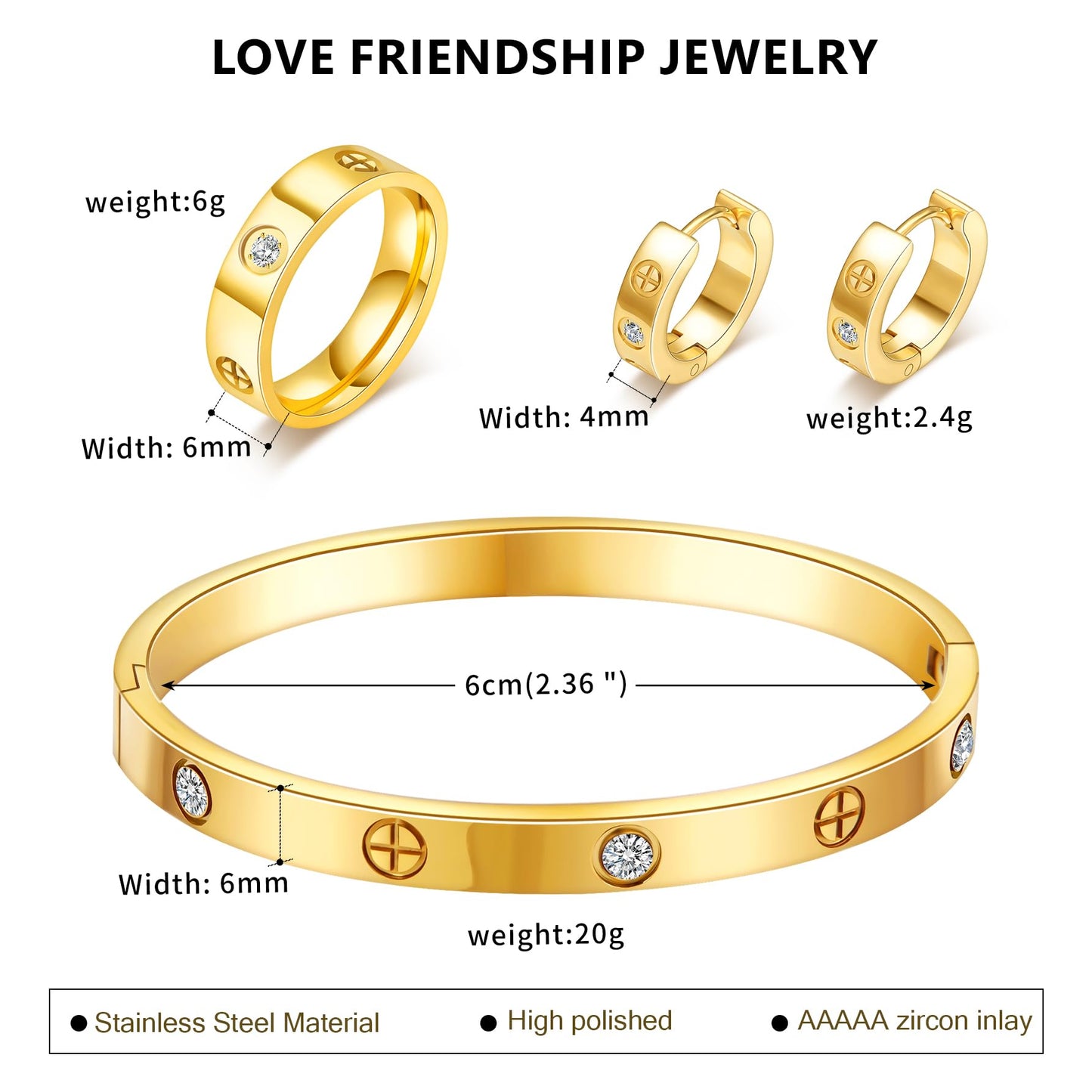 3 Pcs Hoop Earrings Bracelets Ring Sets for Women-18K Gold Plated Love Bracelet Cubic Zirconia Cuff Bangle Hoop Earrings Friendship Love Ring Jewelry Set,Wedding Party Christmas Valentine's Day Birthday Gifts for Her Girlfriend Sister Daughter
