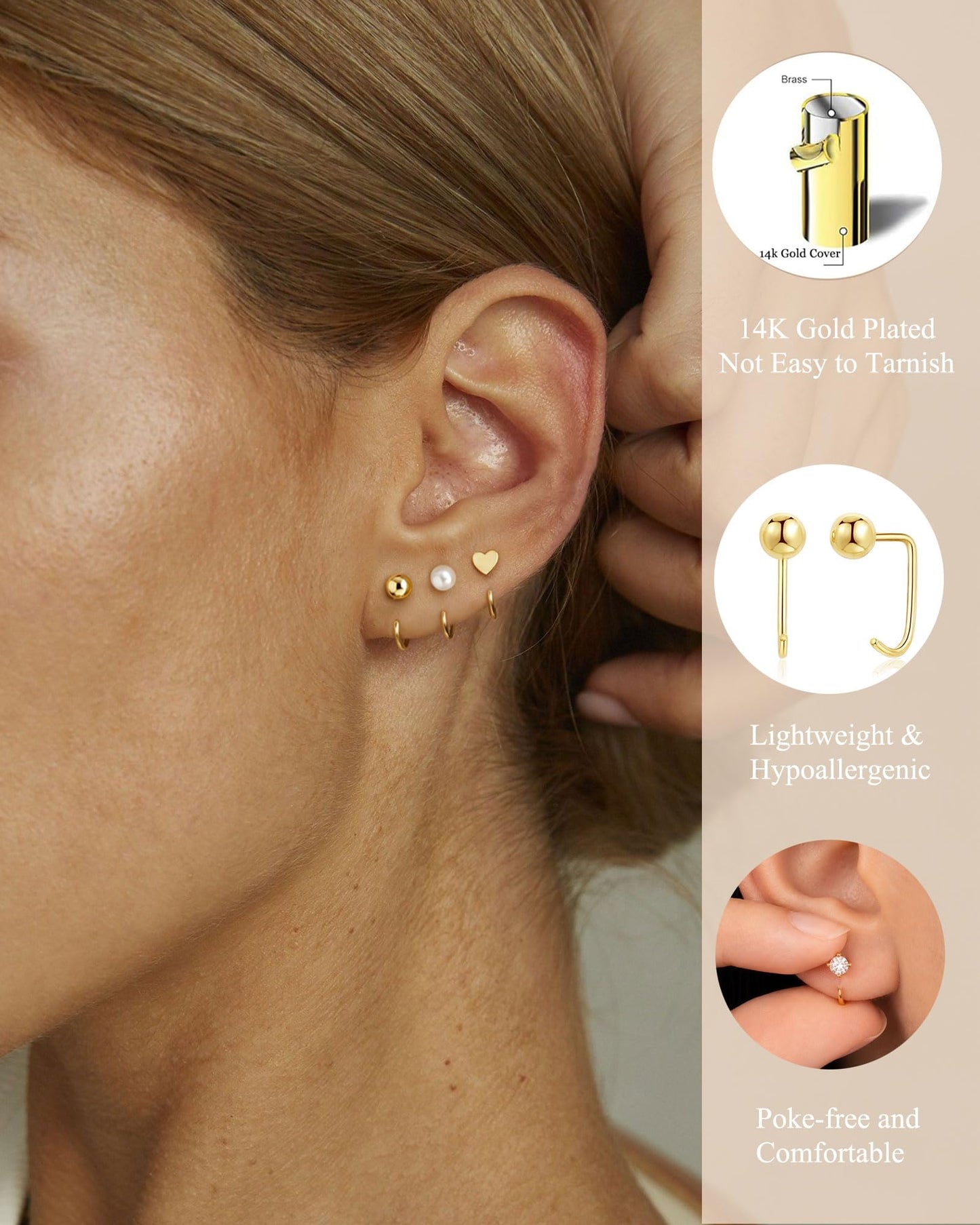 RLMOON Backless Earrings Gold Huggie Half Hoop Earrings for Women 14K Gold Plated Stay Close Hoop Earrings No Back Comfort Fit Hypoallergenic Stackable Earrings to Sleep in