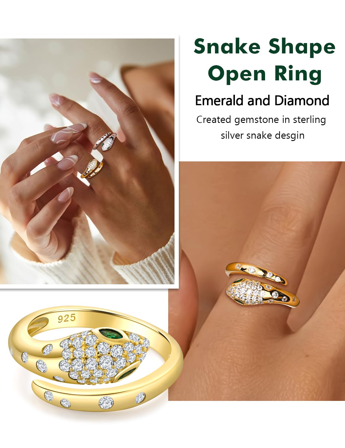 RANDES Snake Ring Sterling Silver Green Emerald Cubic Zirconia Statement Cocktail Rings for Women Men Adjustable Fashion Punk Jewelry Size 10