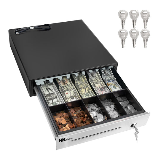 HK SYSTEMS 16" POS Cash Drawer Stainless Steel Front, Ball bearing slide, Heavy Duty POS with Removable Tray 5Bill/5Coin