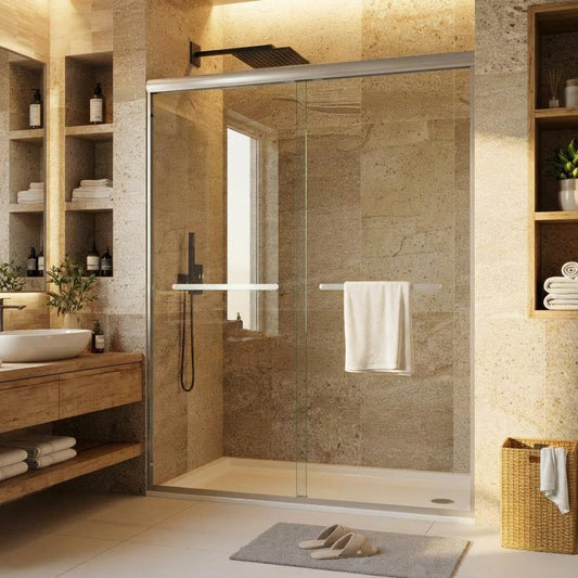 Sliding Shower Door, Aluminum Alloy Frame with 44-48" Adjustable Width x 72" Height, Features Double 6mm (1/4") Tempered Glass Panels, Brushed Nickel Square Track, Space-Saving Bypass Design
