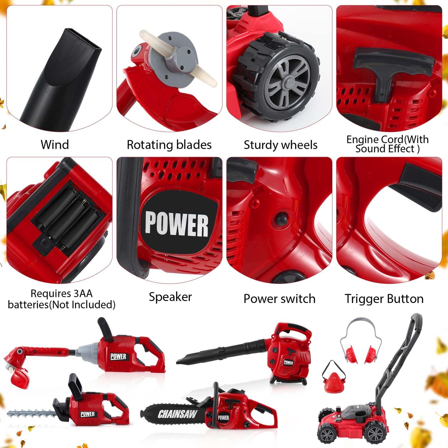 Arrowbash Kids Lawn Mower Toy Set 7 Pcs Electric Garden Tools with Leaf Blower, Chainsaw & Trimmer – Summer Outdoor Toys for Boys Girls Birthday Gifts