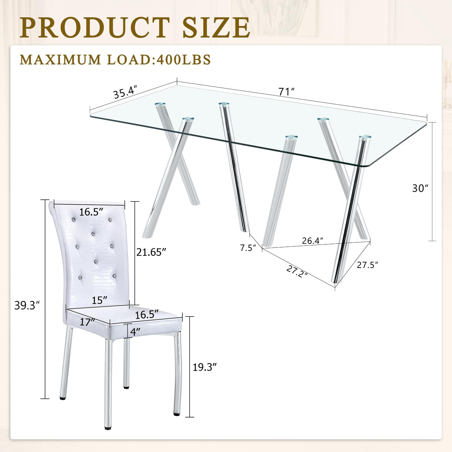 Vohward 71" Glass Dining Table Set for 6, 7 Piece Modern Tempered Glass Dining Room Table with 6 White Upholstered Chairs, Rectangular Kitchen Table Set with Chrome Metal Legs, 400 lb Capacity