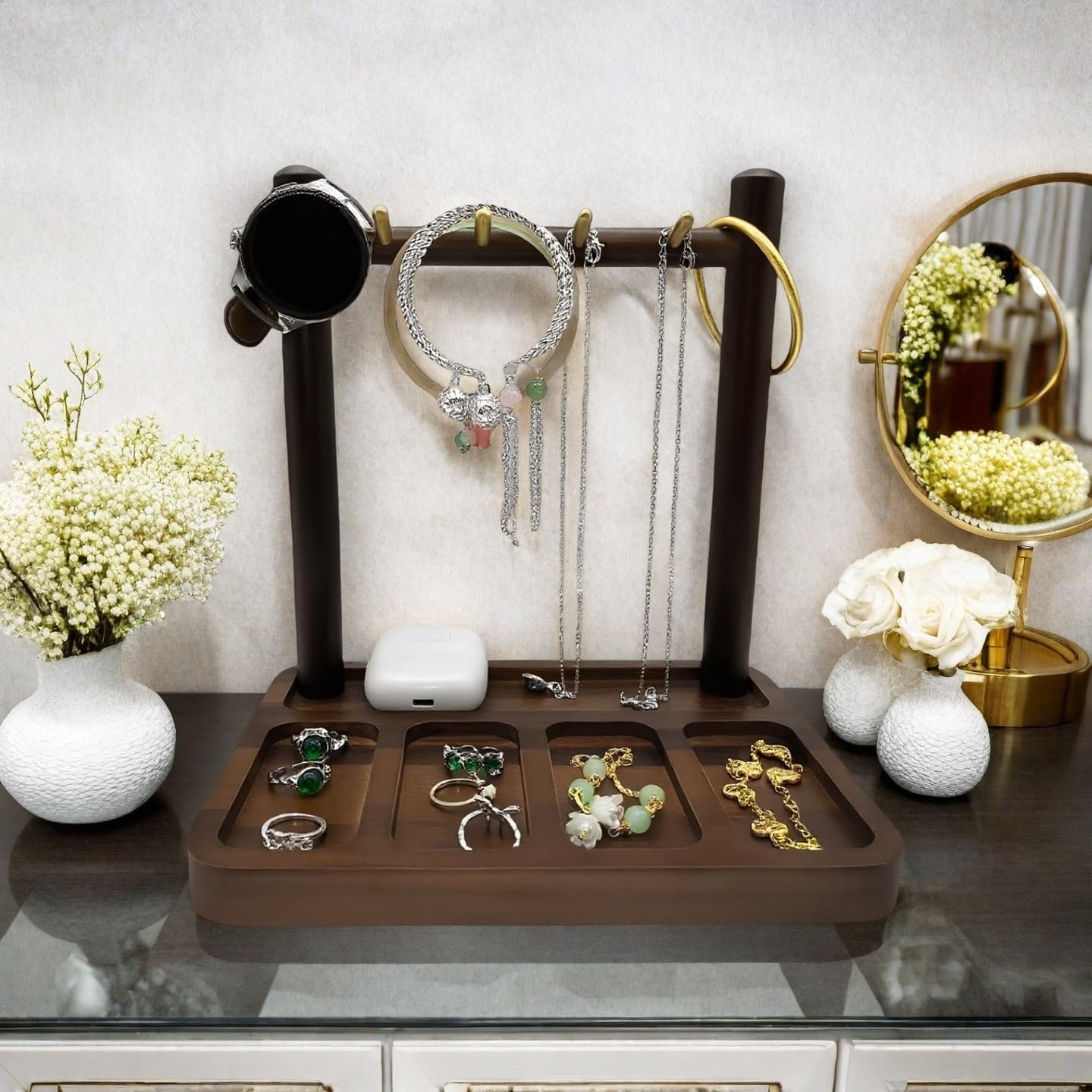 DUICIRX Jewelry Organizer Stand, Jewelry Holder, Earring Holder with 4 Hooks Necklace Organizer Wood Box for Necklace Bracelet Earring Ring (Walnut, 8.5" D x 6.1" W x 8.7" H)