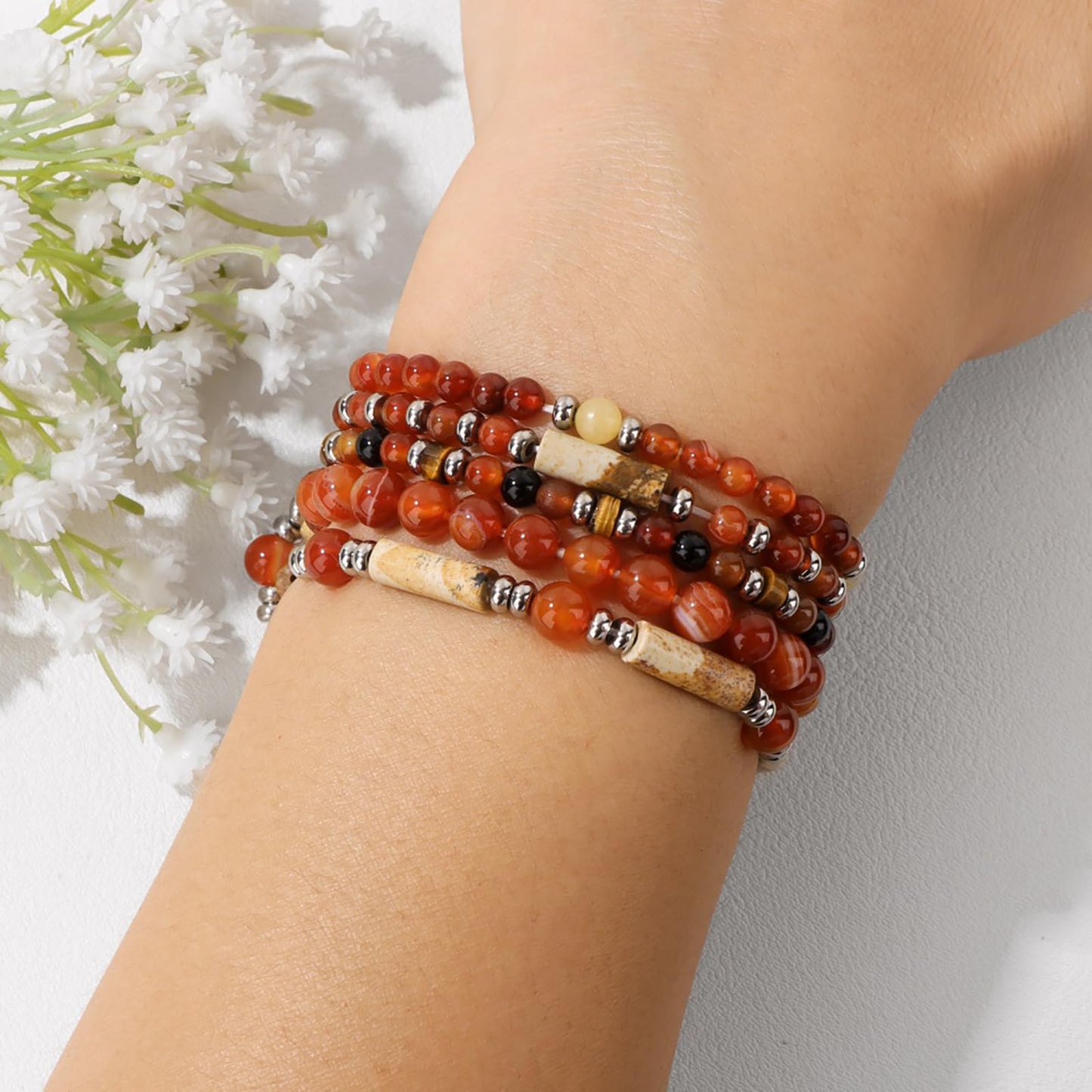 Lit Wall 5Pcs Green Jade Bracelet Set - Stackable Beaded Bracelets - Stretch Bracelets for Women - 4mm & 6mm Jade Beads - 19cm/7.48 in - Green Aventurine