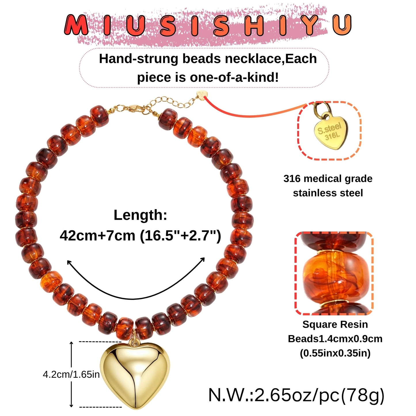 MIUSISHIYU Amber Brown Faux Stone Resin Chunky Necklaces for Women, Trendy Beaded Puffy Gold Heart Pendant Statement Choker, Lightweight Boho Y2K Summer Beach Jewelry