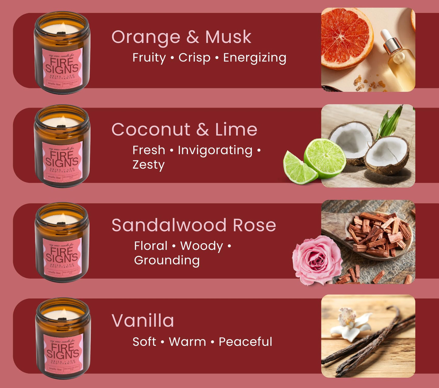 Aries, Leo, Sagittarius Gifts for Women - Wood Wick Candles, 4 Pack Small Scented Candles Set for Women. 6oz Natural Soy Wax, Aromatherapy Set for Home. Zodiac Astrology Birthday Spiritual Gifts