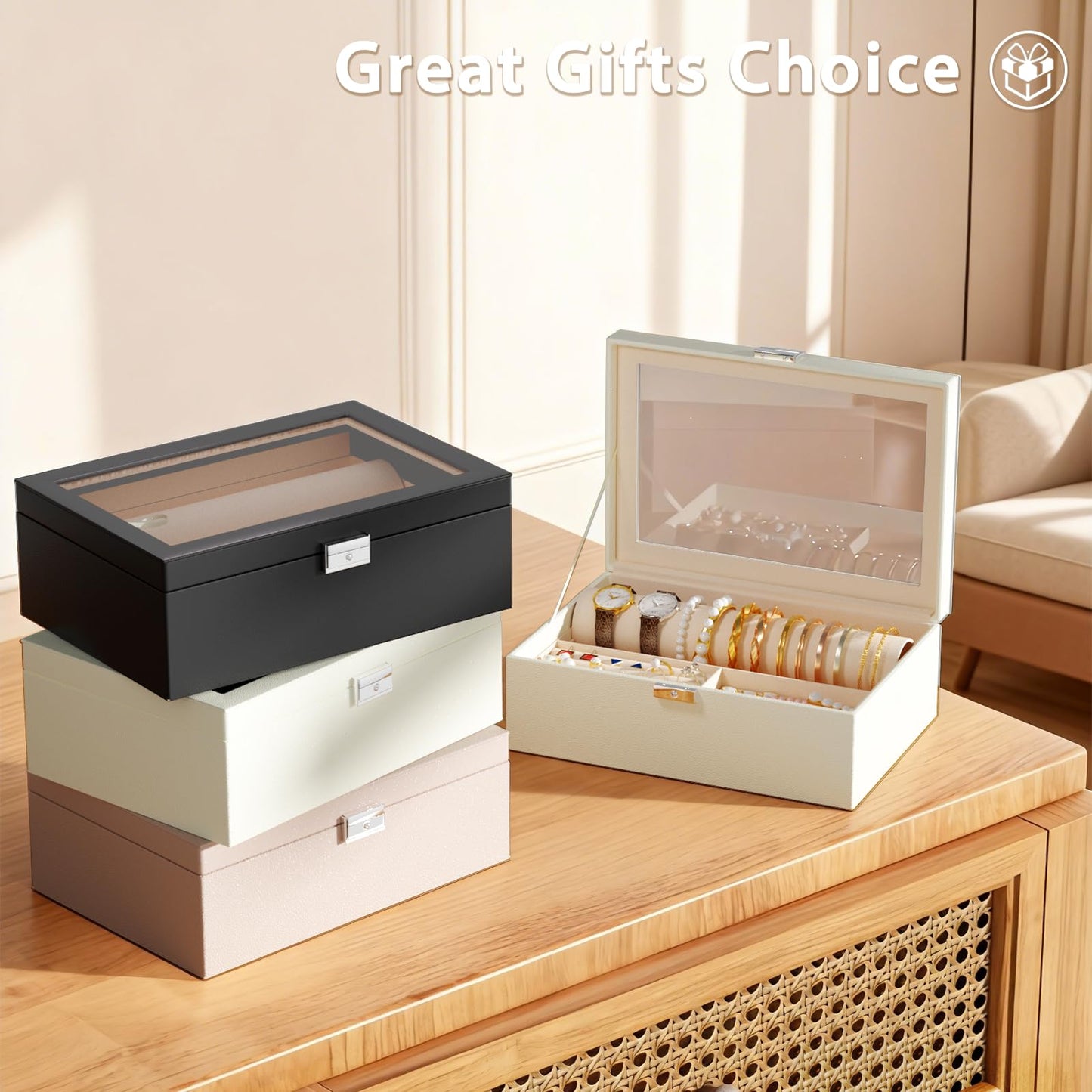 Jolensoy Jewelry Organizer Box with Clear Glass Lid, Bracelet Holder Jewelry Storage Case for Earrings, Rings, Bangles, Watches - PU Leather Jewelry Display Box Gifts for Women Girls, Black