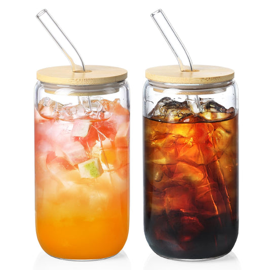 NETANY 16 Pack Glass Cups with Lids and Straws 16 oz, Personalized Customizable Glasses for Gift, Business, Drinking glasses set, Iced Coffee Cup, Cute Aesthetics Tumbler for Tea, Homemade Drinks