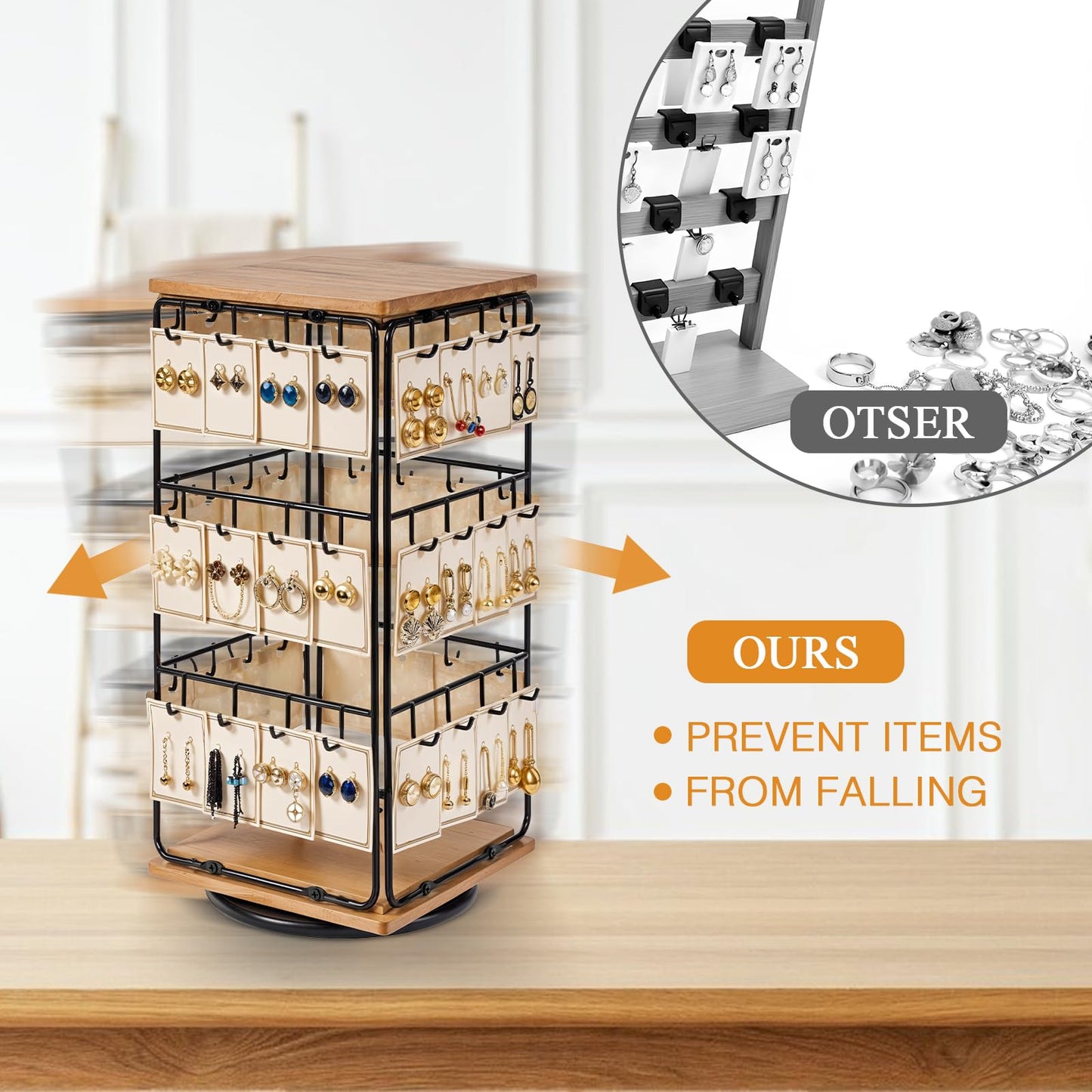 Rotating Earring Display Holder Stand for Vendors Events Selling, Large Capacity 48 Hooks Jewelry Rack with Wooden Base for Earring Card Sales, Enhances Retail Visibility