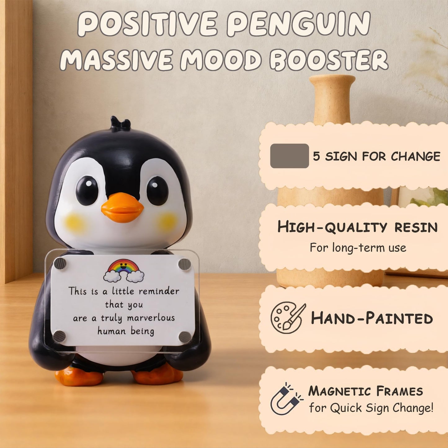 hollishowe Positive Penguin Figurine - 3.9" Tall Hand-Painted Resin Indoor Office Desk Decoration with Cute Motivational Sign, Funny Gift for Women Friends Bestie BFF Bestfriend Coworkers